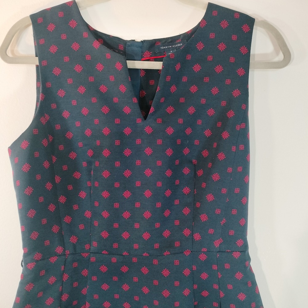 Tommy Hilfiger Womens Navy Red Geometric Print Split Neck Fit Flare Dress 4